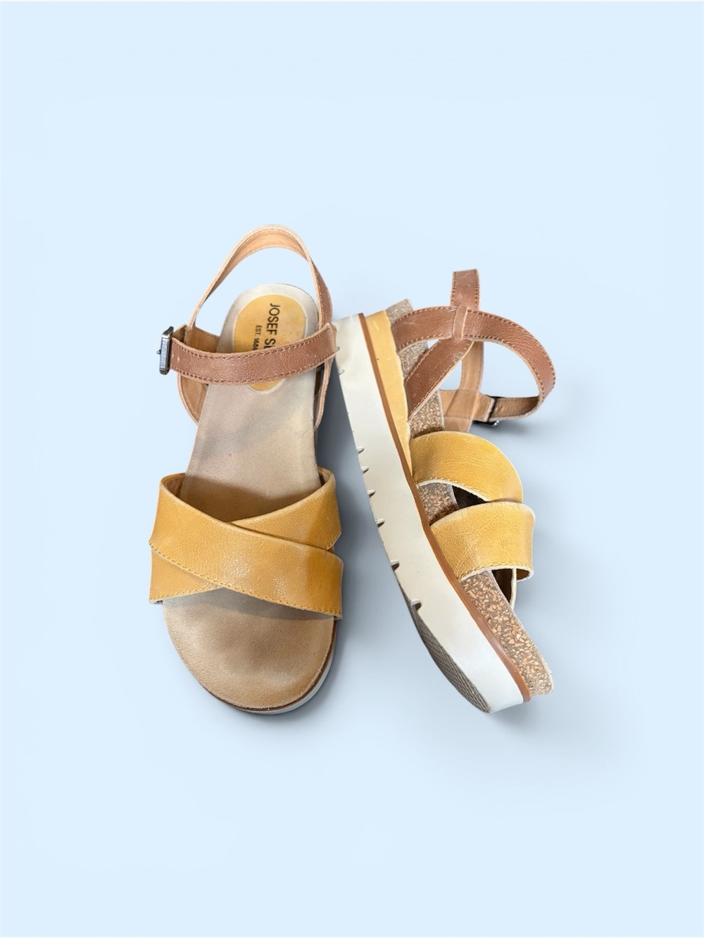 Josef Seibel Two-Tone Yellow and Tan Cross-Strap Sandals